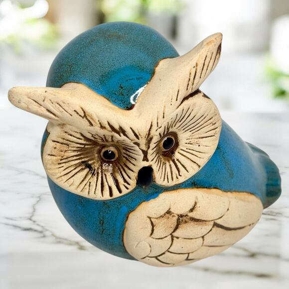 Handcrafted Ceramic 5” Owl Figurine Turquoise Rustic Folk Art Decor Nature Boho - Picture 2 of 7